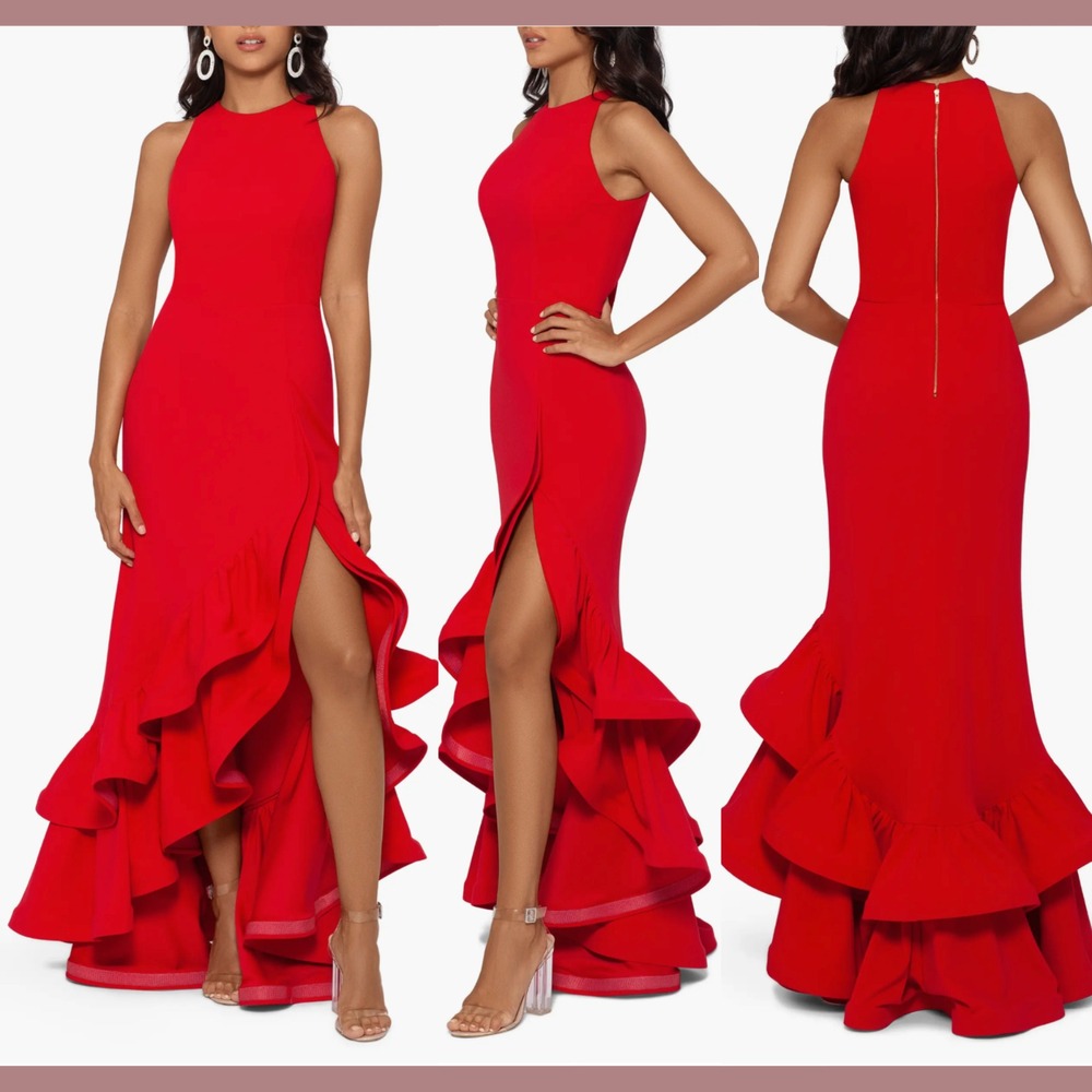 NWT $259 BETSY & ADAM [ 4P ] High Slit Ruffle Halter Crepe‎ Gown in Red #Q1147